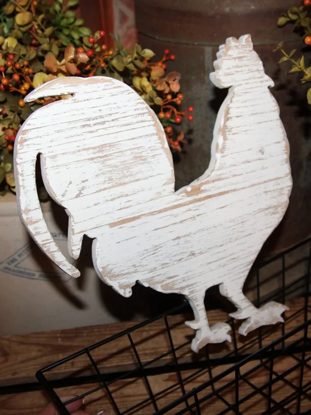 Adorable Distressed White & Black Farmhouse Rooster Countertop or Wall Basket